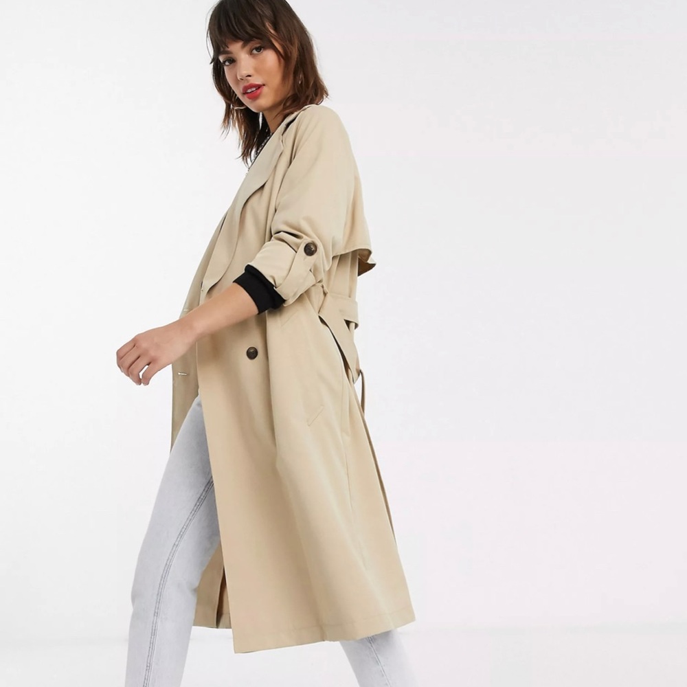 Stradivarius long flowery trench coat - stone